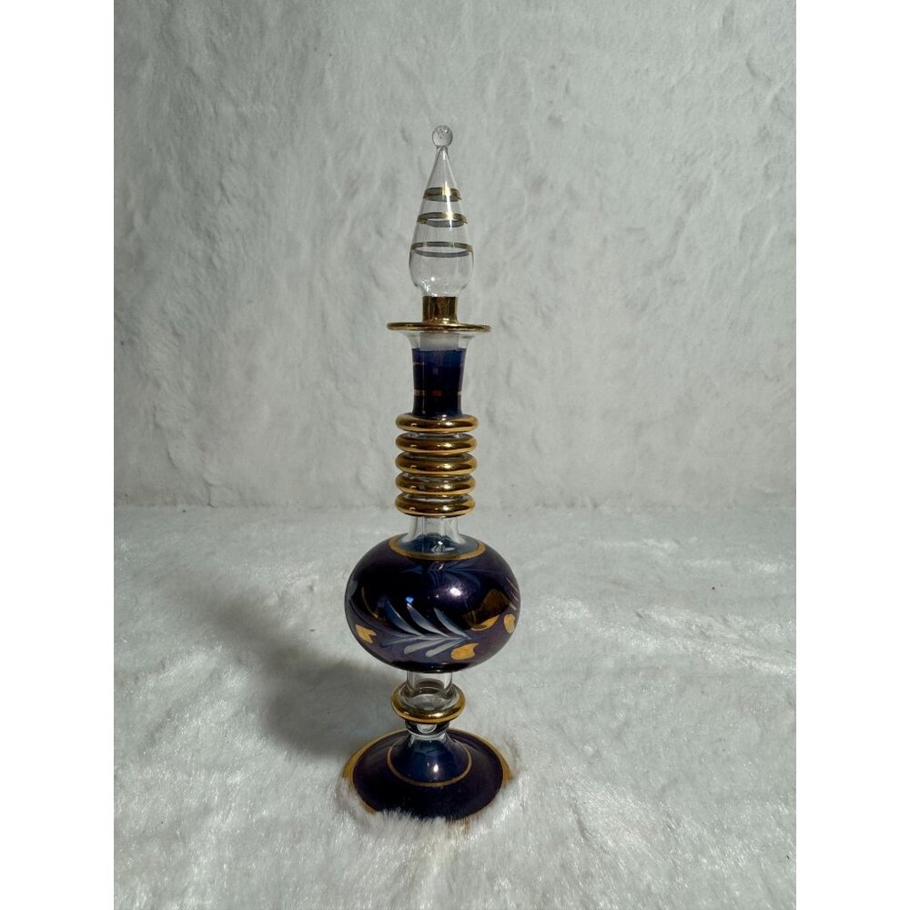 Handcrafted Egyptian Glass Perfume Bottle With Gold Accents Dark Blue & Gold - Picture 1 of 8